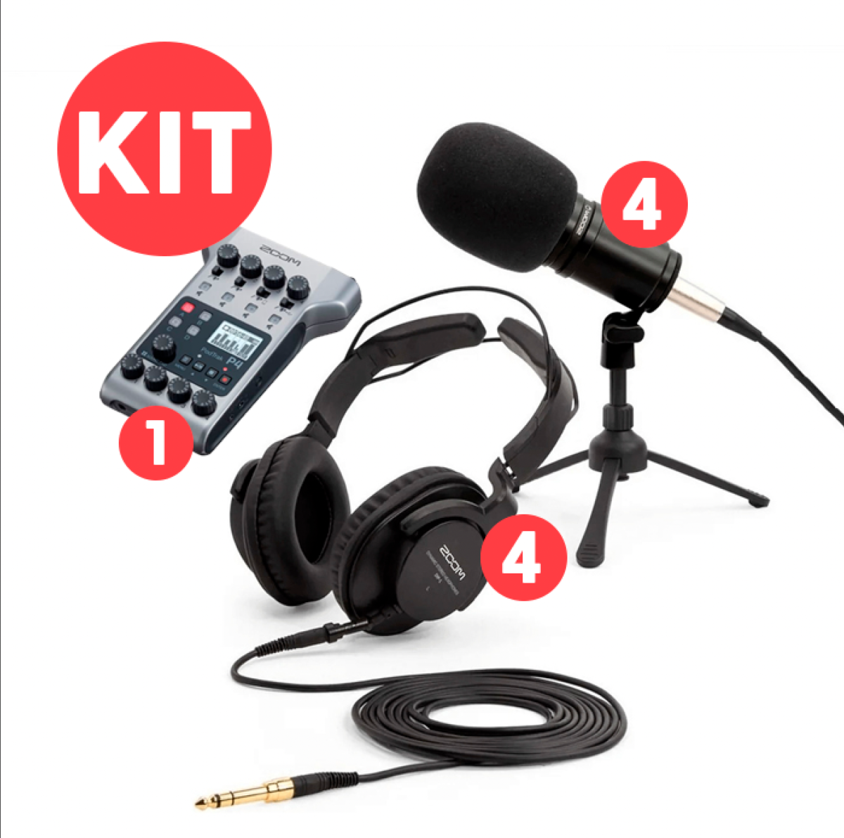 Kit Podcast Microfone Zoom ZDM-1 – Fone  ZHP-1 + P4 Zoom Podtrack  Gravador Para Podcasts Multitrack Cabo + Suporte (KIT 4)