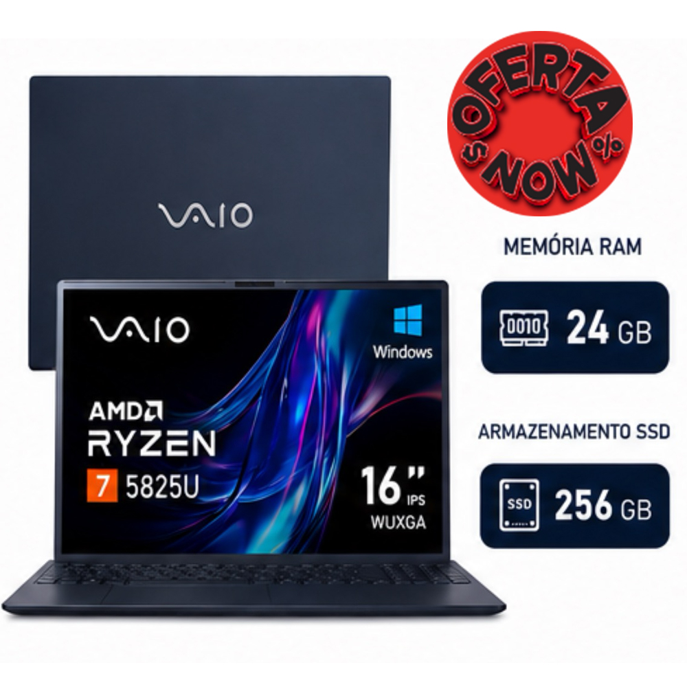 Notebook Vaio FE16 AMD Ryzen 7 5825U Windows 24GB RAM 512GB SSD Wi‑Fi 6 Tela 16” IPS WUXGA Antirreflexo — Cinza Grafite — Permite upgrade de memória RAM e SSD