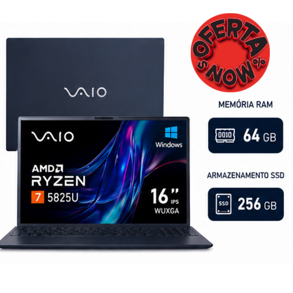 Notebook VAIO FE16 Intel Core i5-1334U 13ª Geração Windows 64GB RAM 256GB SSD Wi‑Fi 6 Tela 16” IPS WUXGA Antirreflexo — Cinza Grafite — Permite upgrade de memória RAM e SSD